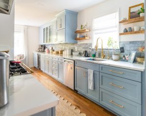 Kitchen cabinets painted with Benjamin MooreDockside Blue SW7601 BM in Renner paint
