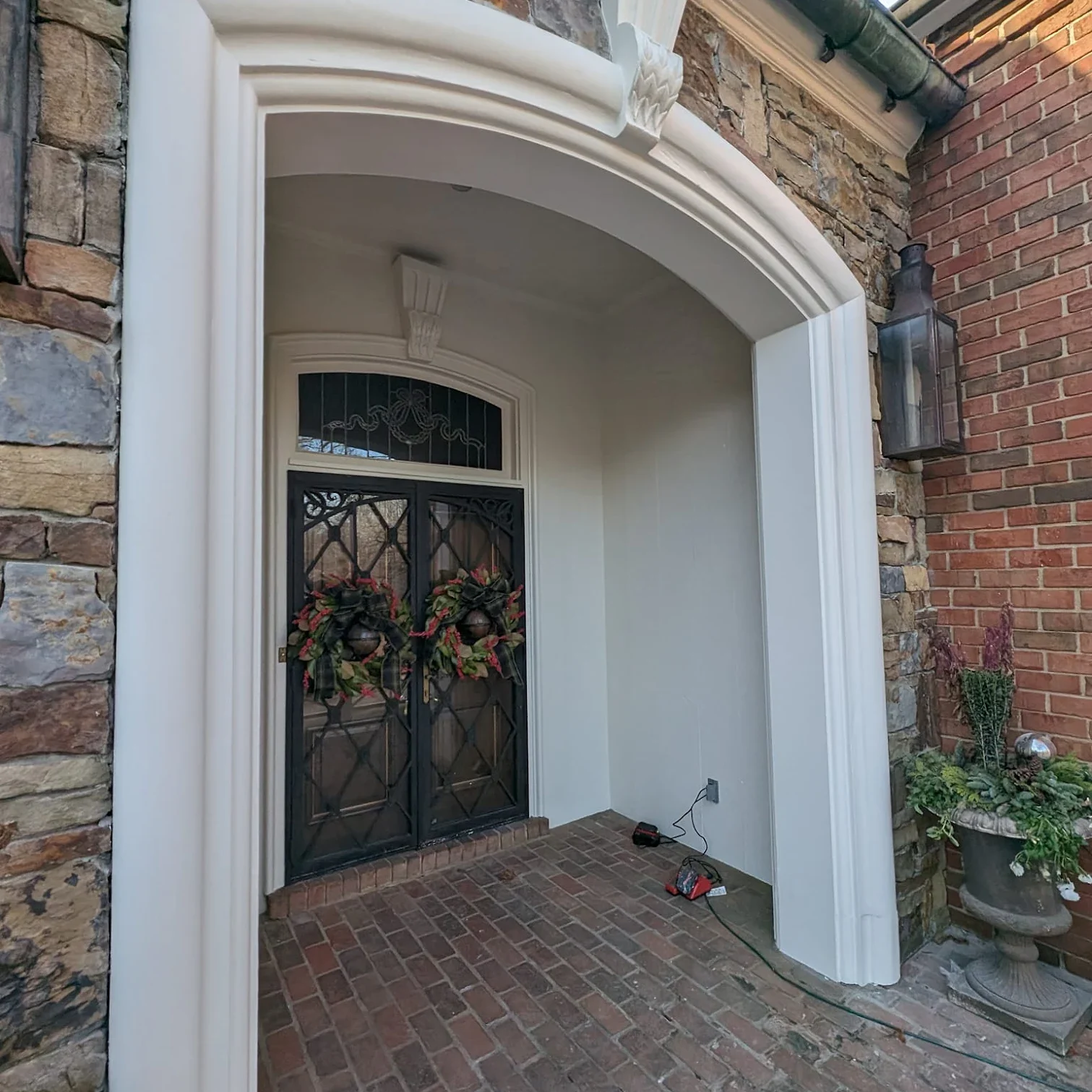 a picture of the benjamin moore color feather down on a restored front door frame